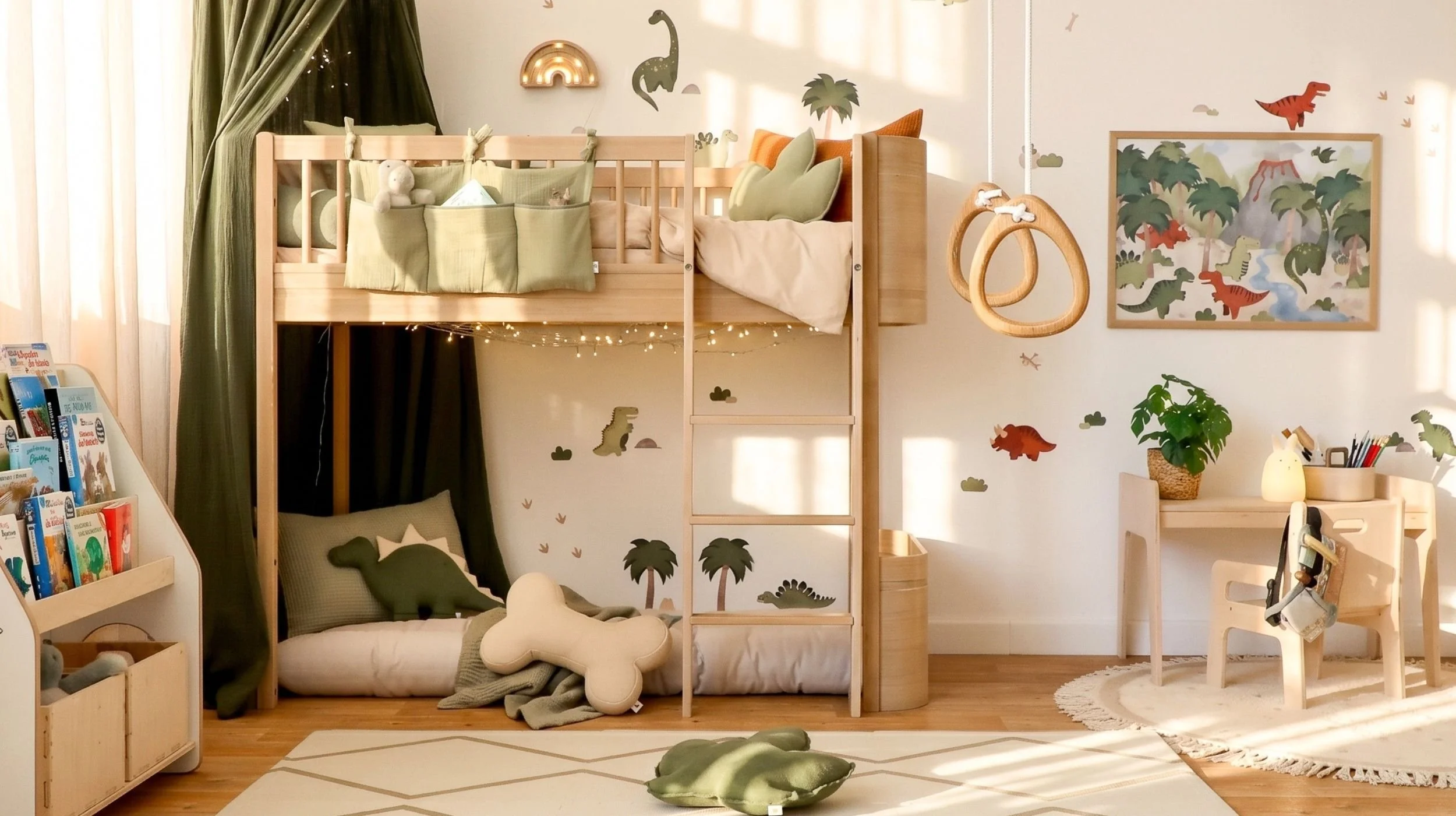 Kleines Kinderzimmer mit Hochbett, darunter eine Kuschel- und Leseecke, dazu Bücherregal und Schreibtisch - Höhe clever genutzt