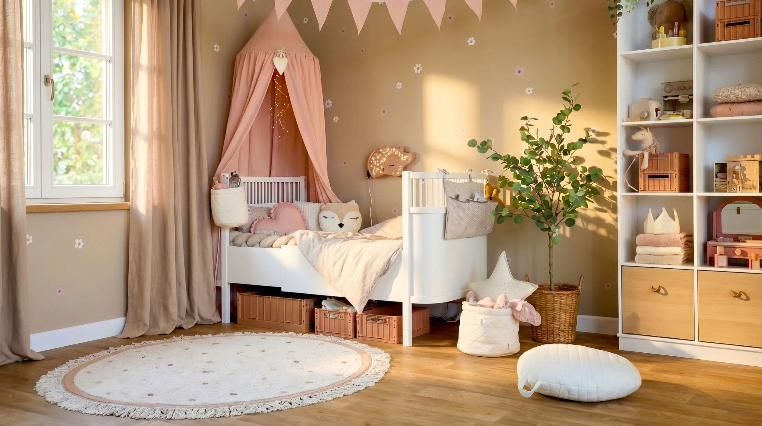 Helles Kinderzimmer mit Bett und Baldachin, Regal und rundem Spielteppich, ruhig in Zonen aufgeteilt