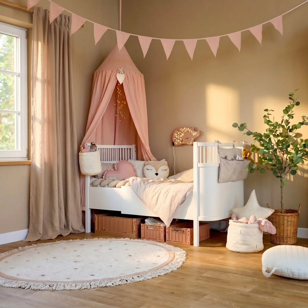 Kinderzimmer mit hochwertigem Bett, ruhigen Farben und natürlichen Materialien