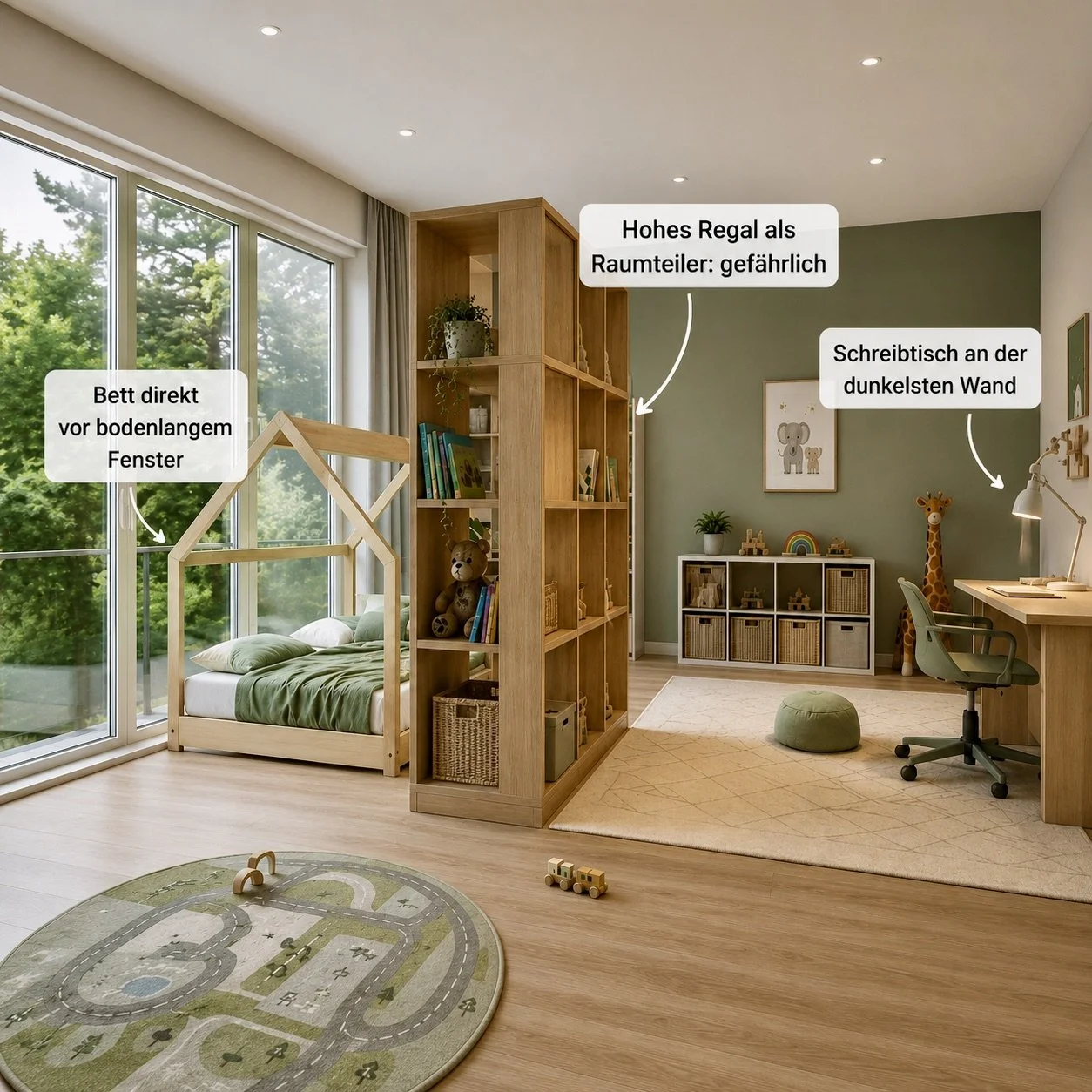 Großes Kinderzimmer mit Hausbett, Regalen und Schreibtisch von KI visualisiert
