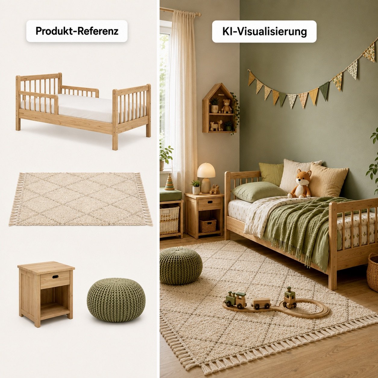 Bett, Teppich und Deko von KI in der Kinderzimmer Visualisierung