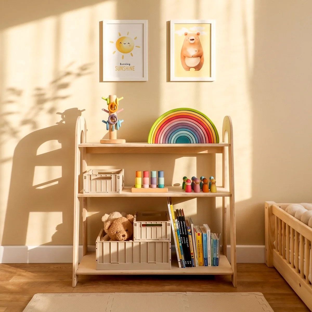 Spielzeugregal mit bunten Holzspielzeug und Kinderpostern an beiger Wand