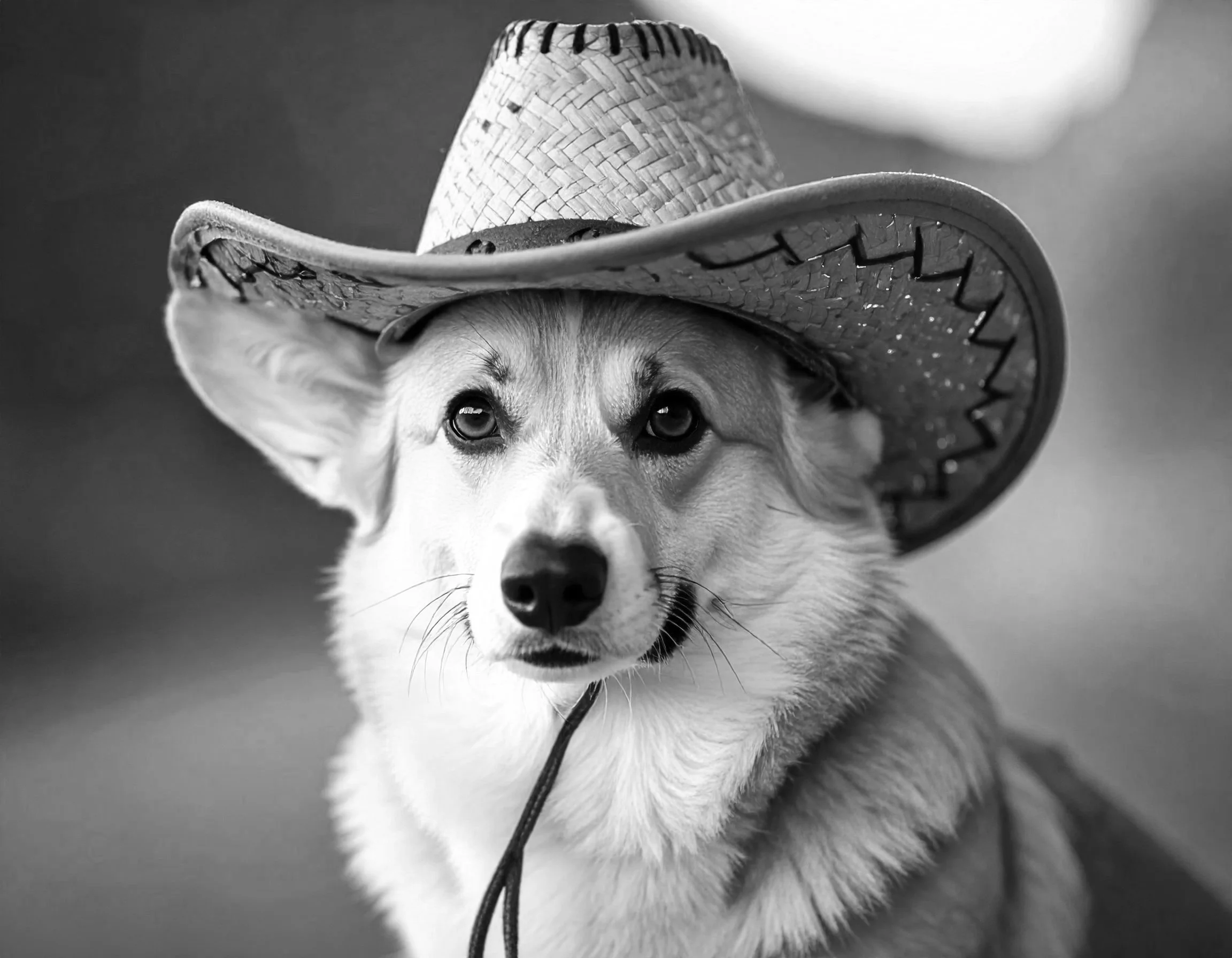 A dog with light fur wearing a wide-brimmed straw hat with decorative stitching around the brim.