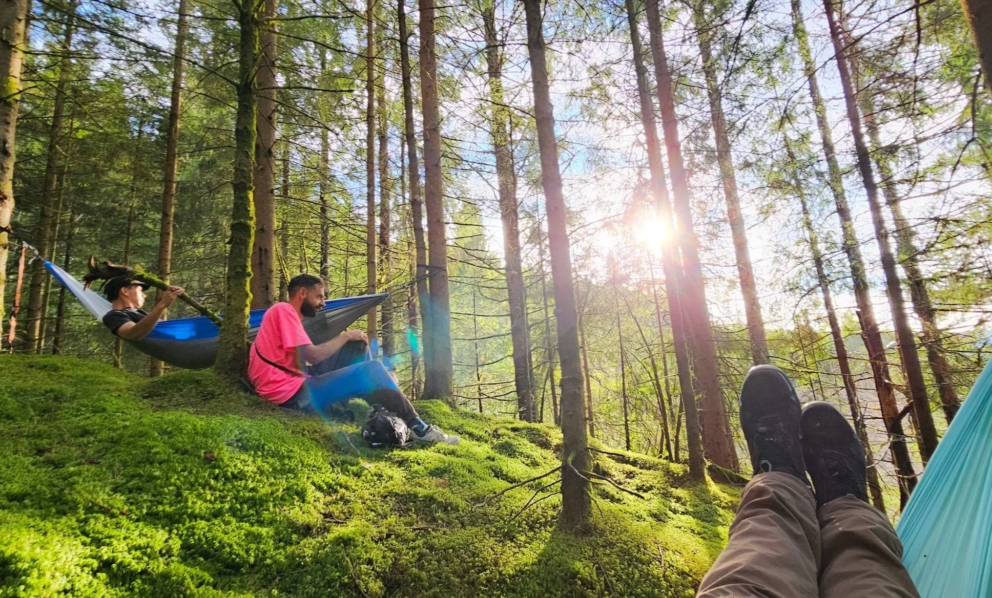 Two people relaxing in a hammock and lying on a mossy forest floor, surrounded by tall trees with sunlight filtering through.