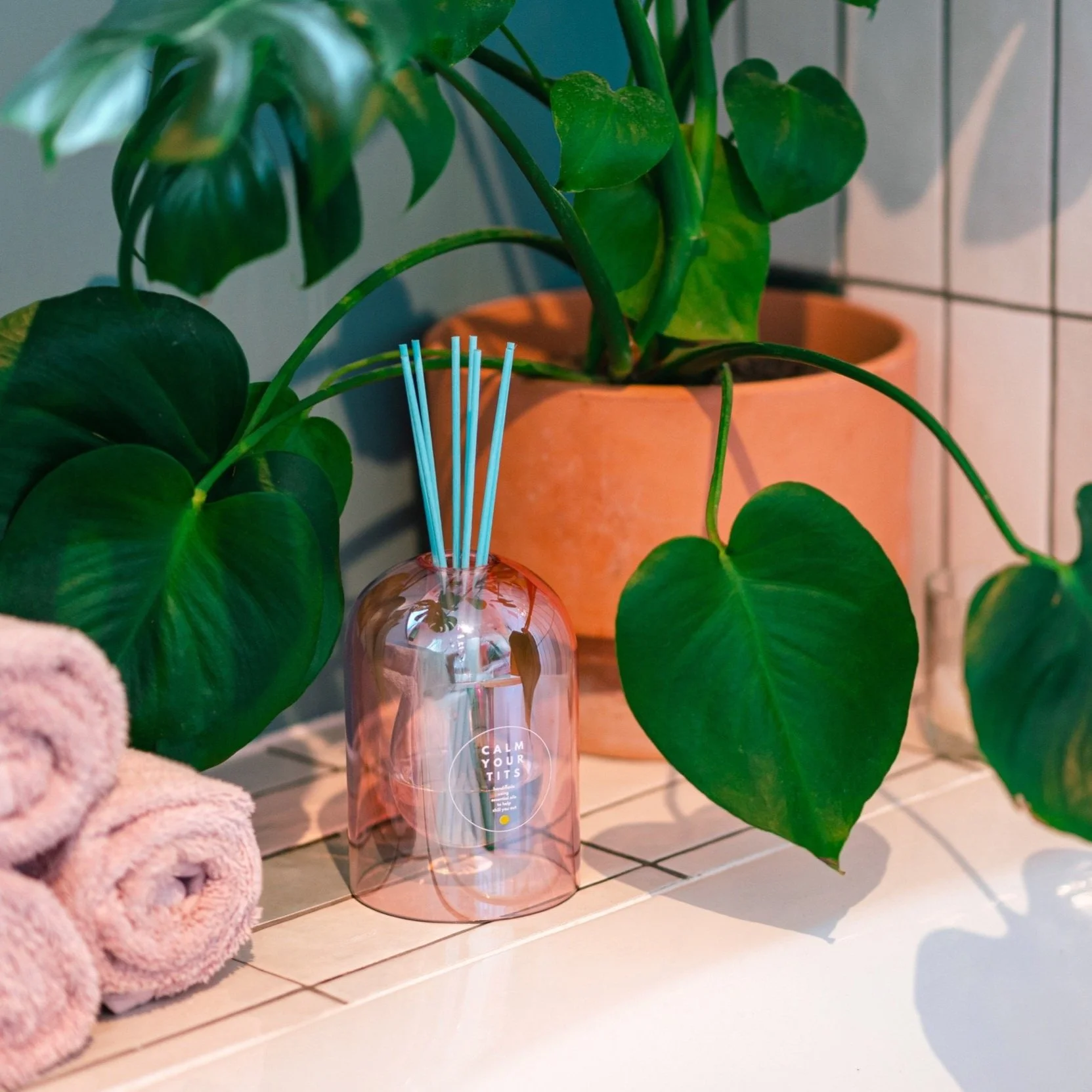 A pink glass reed diffuser with blue sticks, a potted plant with large green leaves, and a rolled pink towel on a tiled surface.
