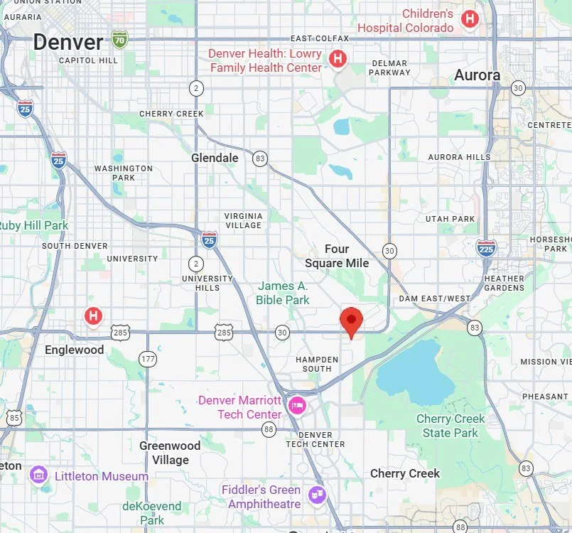 Map showing The Subtle Point at Hampden Town Center in southeast Denver, between downtown and the Denver Tech Center
