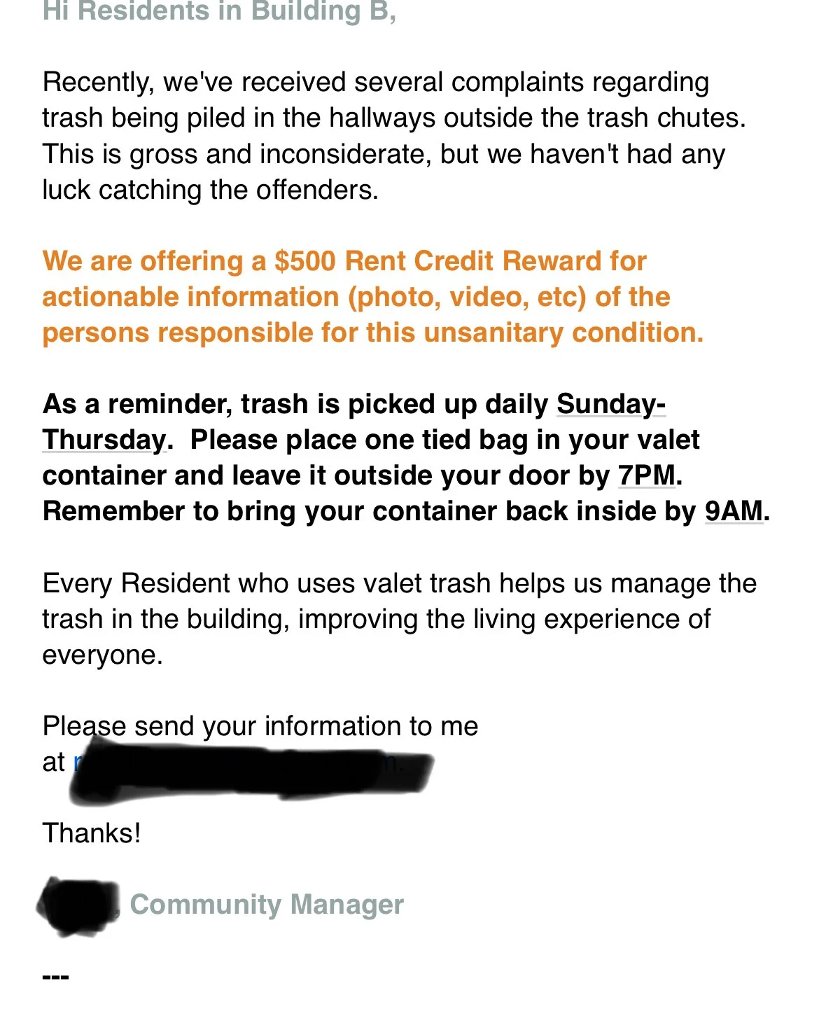A notice from a community manager about trash pick-up policy, with a reward offer for information on trash dumping, and instructions for trash disposal schedule and procedures.