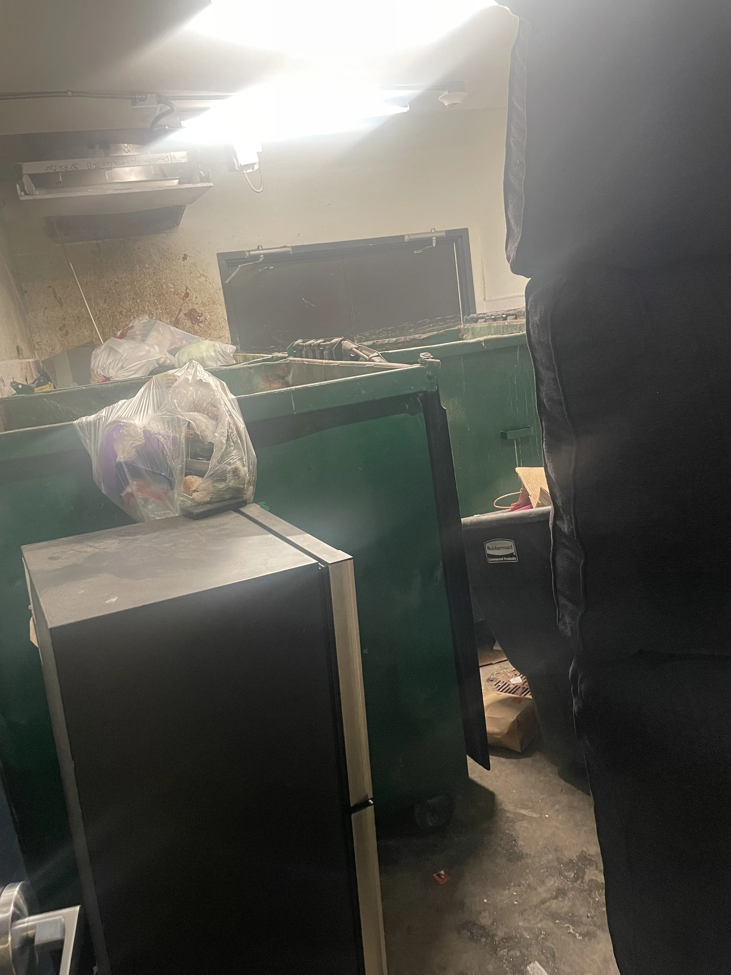 First person standing near green dumpsters filled with trash bags in a dimly lit alleyway.