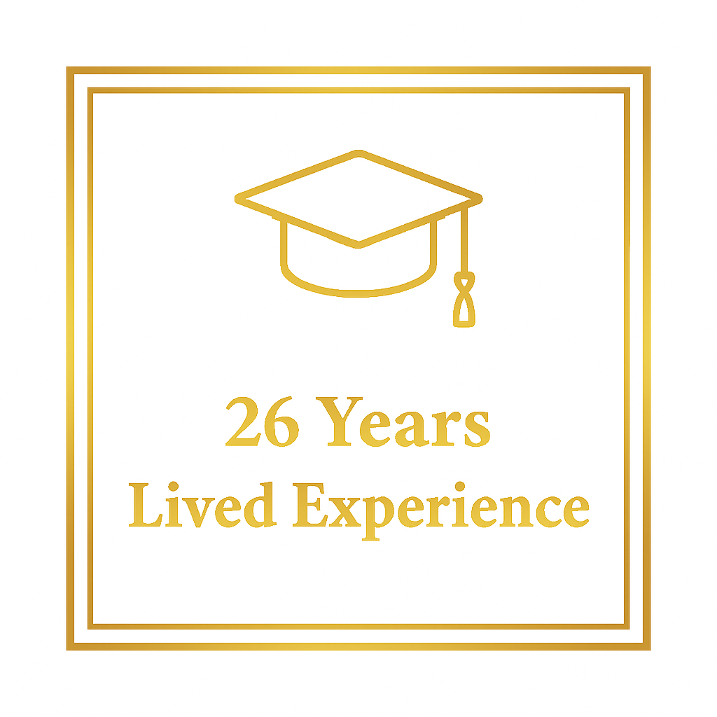 Gold line-art icon of a graduation cap with text that reads "26 Years Lived Experience."
