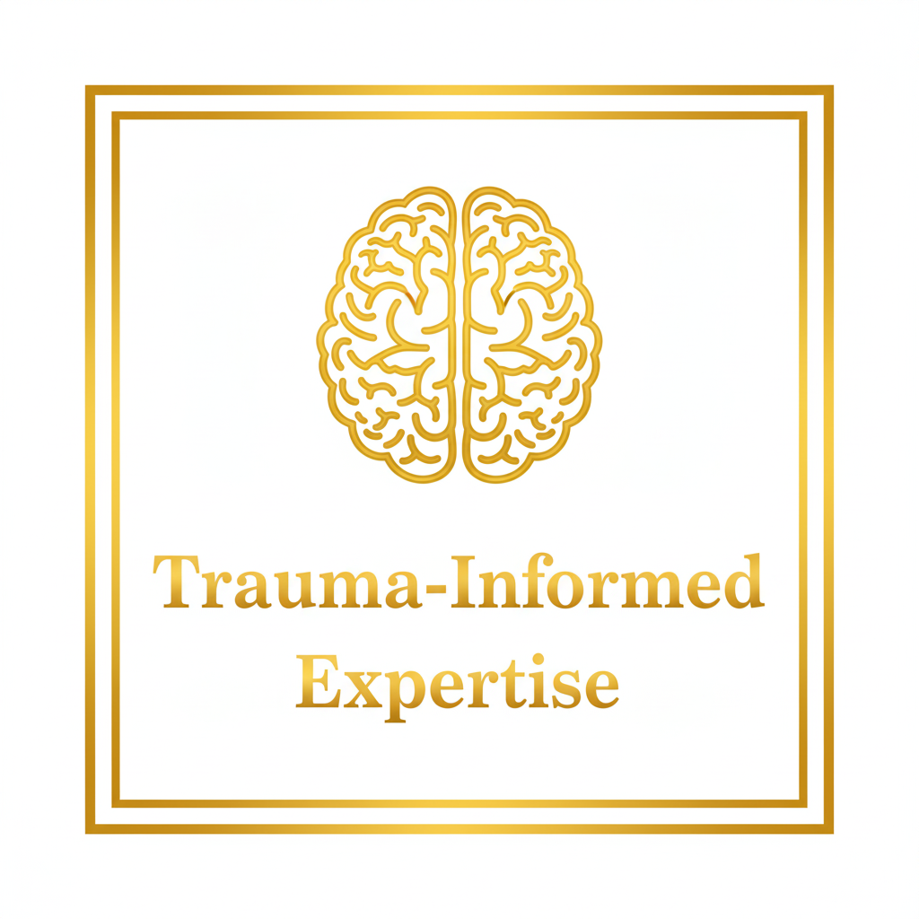 Gold line-art icon of a brain with text that reads "Trauma-Informed Expertise."