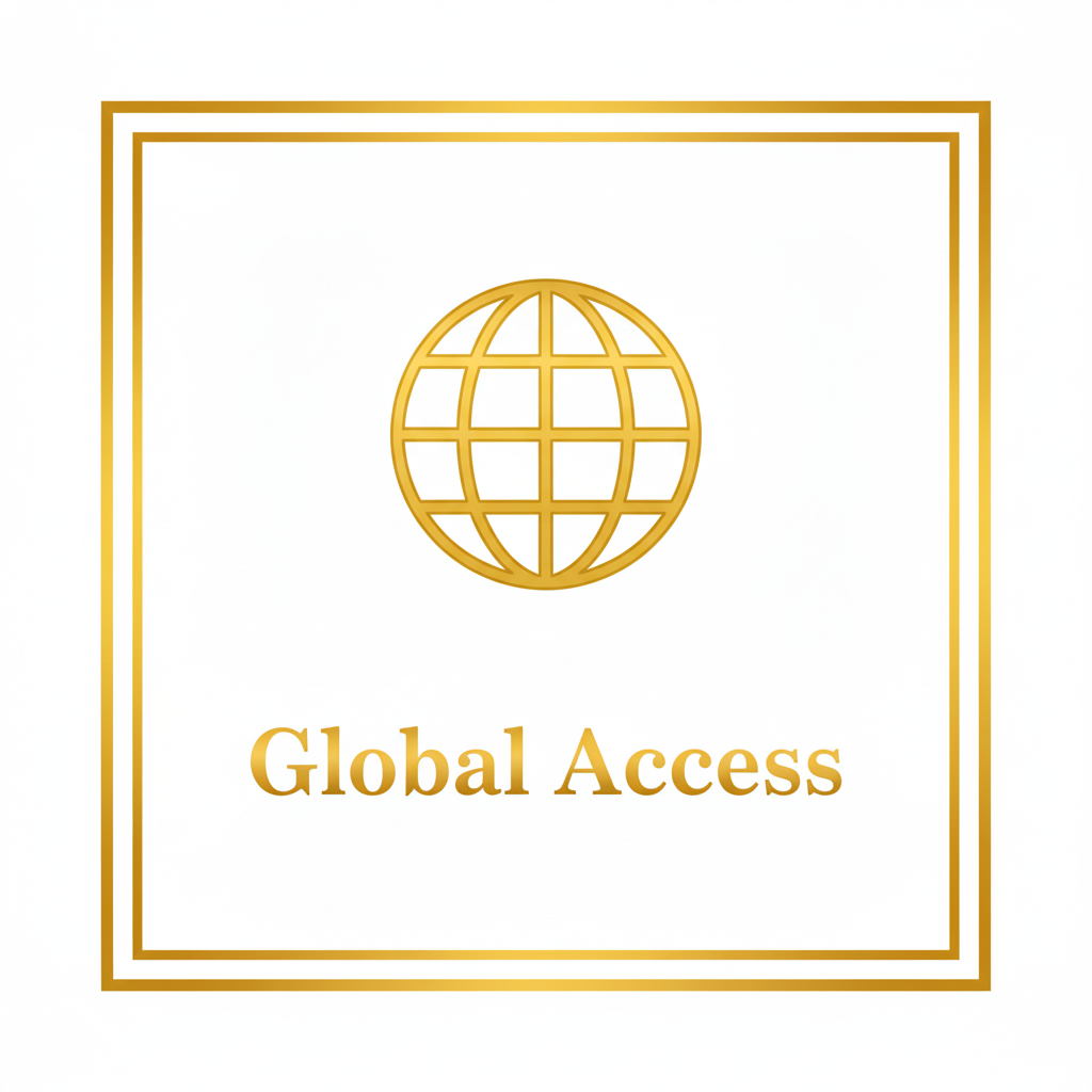 Gold line-art icon of a globe with text that reads "Global Access."