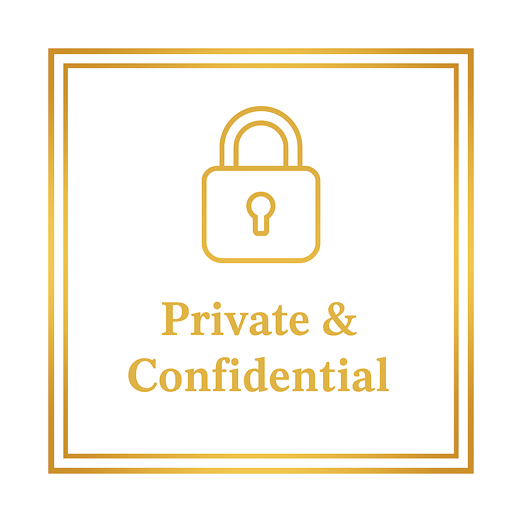 Gold line-art icon of a padlock with text that reads "Private and Confidential."