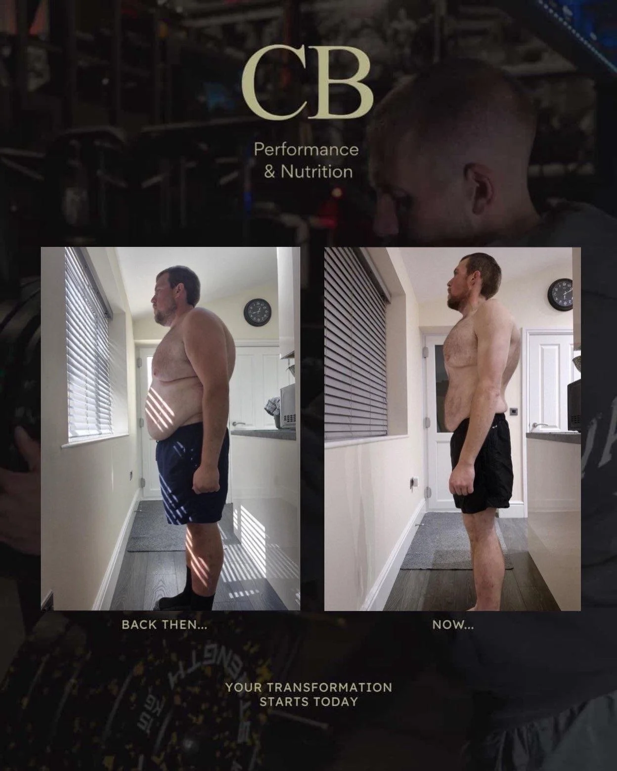 Side-by-side before-and-after photos of a man showing weight loss progress. The 'back then' photo on the left shows the man with a larger physique, while the 'now' photo on the right shows a slimmer, more toned physique. Both images are taken indoors