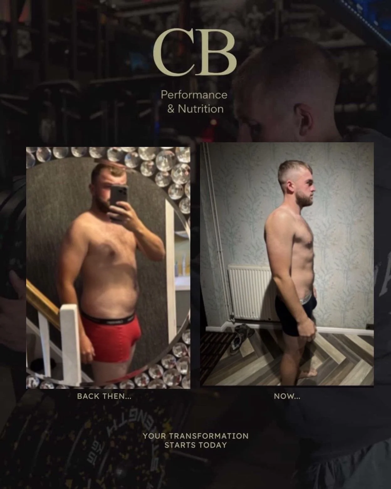 Comparison of a man's physique before and after fitness transformation, with one side labeled 'Back Then...' showing him with more body fat, and the other side labeled 'Now...' showing a leaner physique, with text 'Your Transformation Starts Today' a