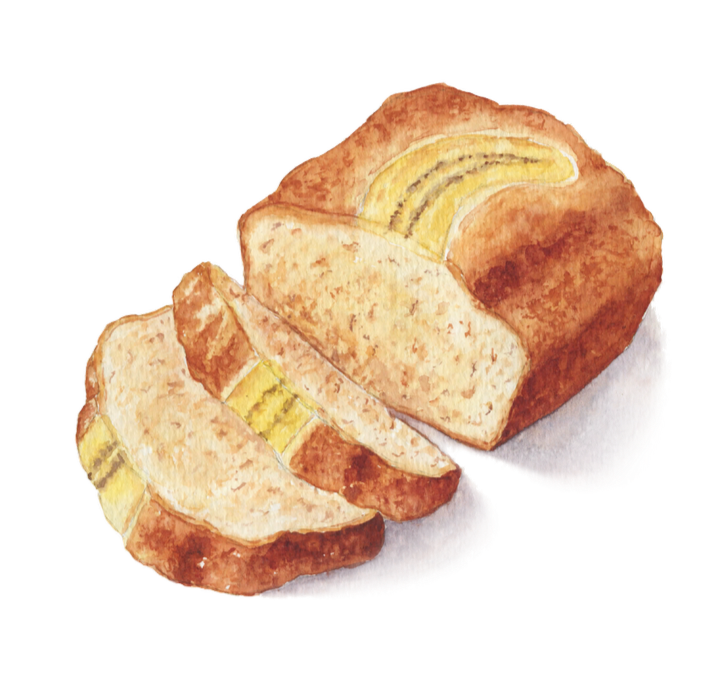 Watercolor painting of banana bread with two slices cut and laid out in front.