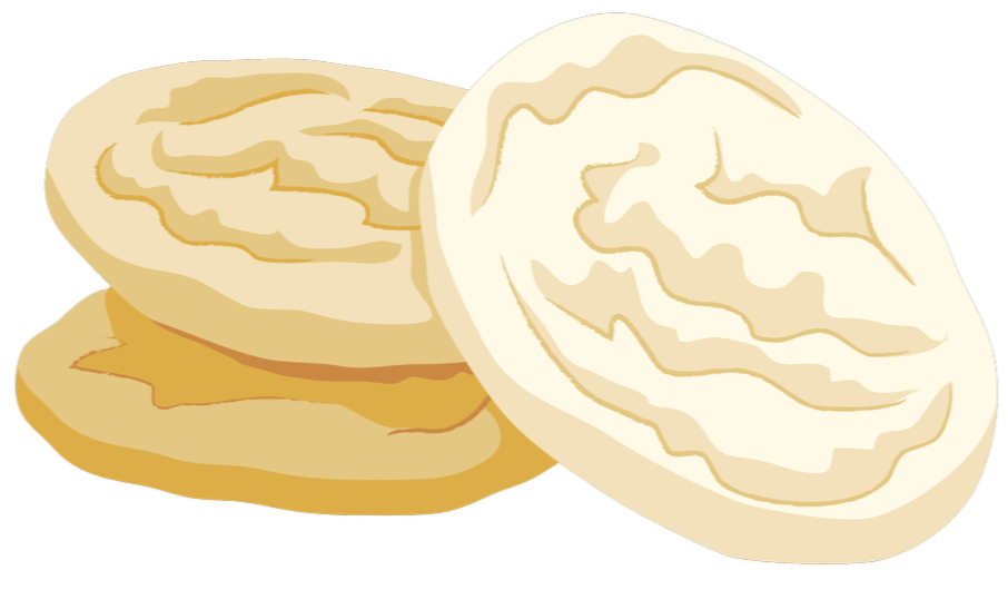 Illustration of three bagels, one sliced in half, showing their round shape and texture against a black background.