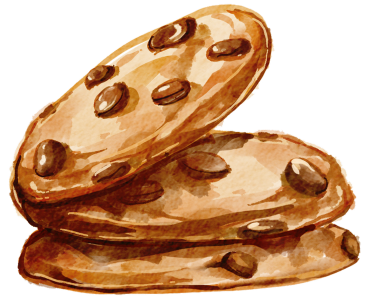 Three chocolate chip cookies stacked on top of each other.