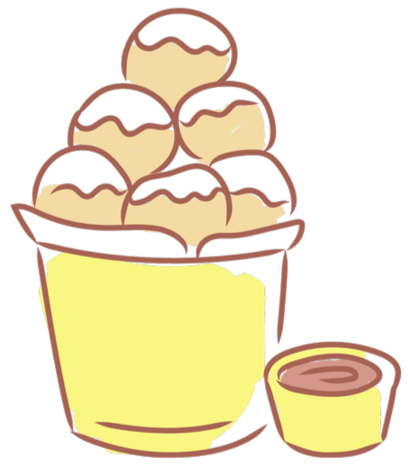 A digital illustration of a bowl with six scoops of ice cream and a small container of chocolate syrup.
