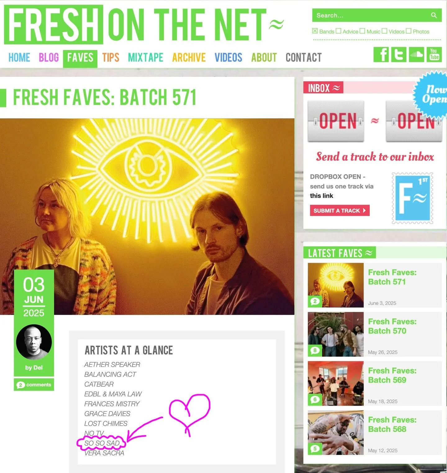 Very happy to feature on Fresh on the Net's latest Fresh Faves... as voted for by some very discerning listeners obvs :-) For a very short time our song Butterfly Wing is up on our Soundcloud page (SoSoSad) too ❤️
