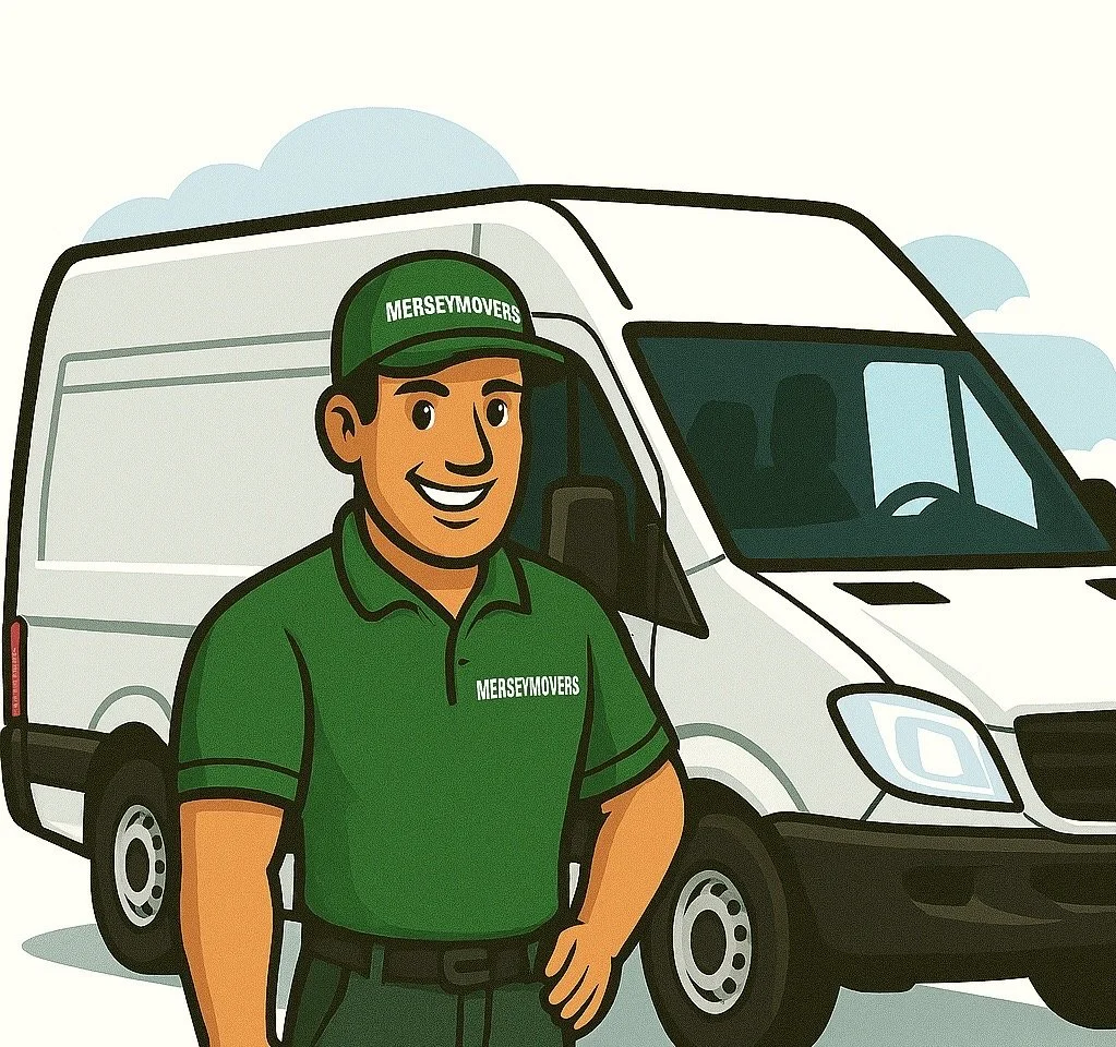 A cartoon man wearing a green uniform and cap with 'MERSEYMOVERS' logo, standing in front of a white moving van.