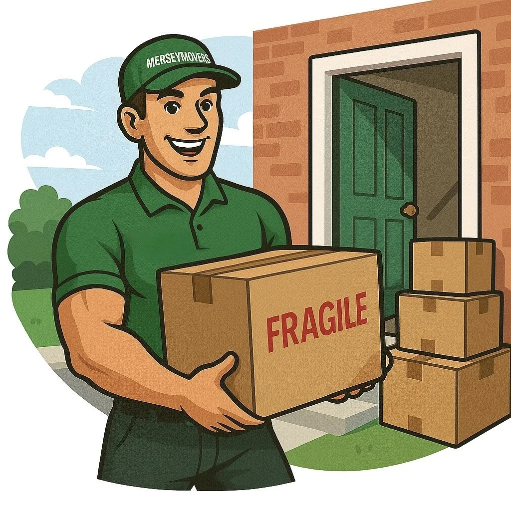 A cartoon delivery person wearing a green cap and shirt holding a cardboard box labeled 'FRAGILE' outside a door with more boxes stacked nearby.