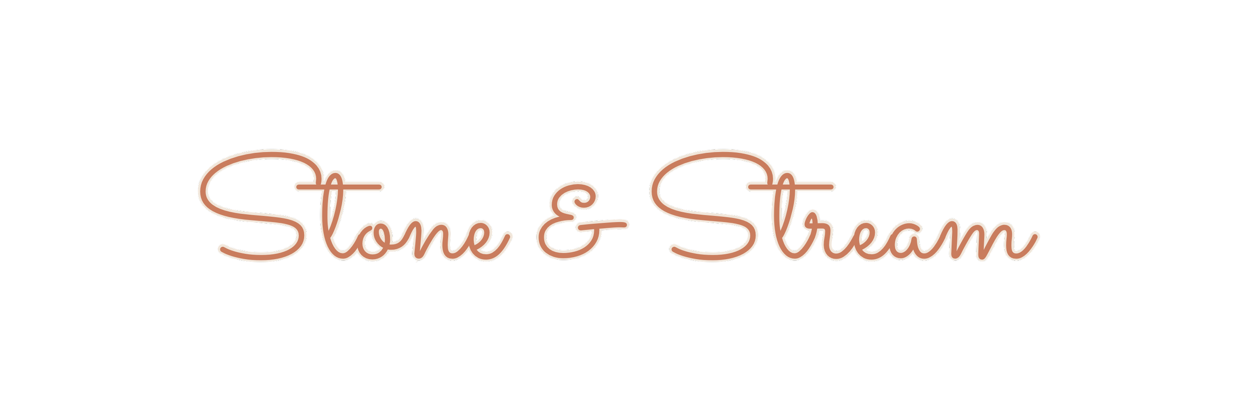 Neon sign with the words "Stone & Stream" in cursive font, illuminated in warm tones against a dark background.