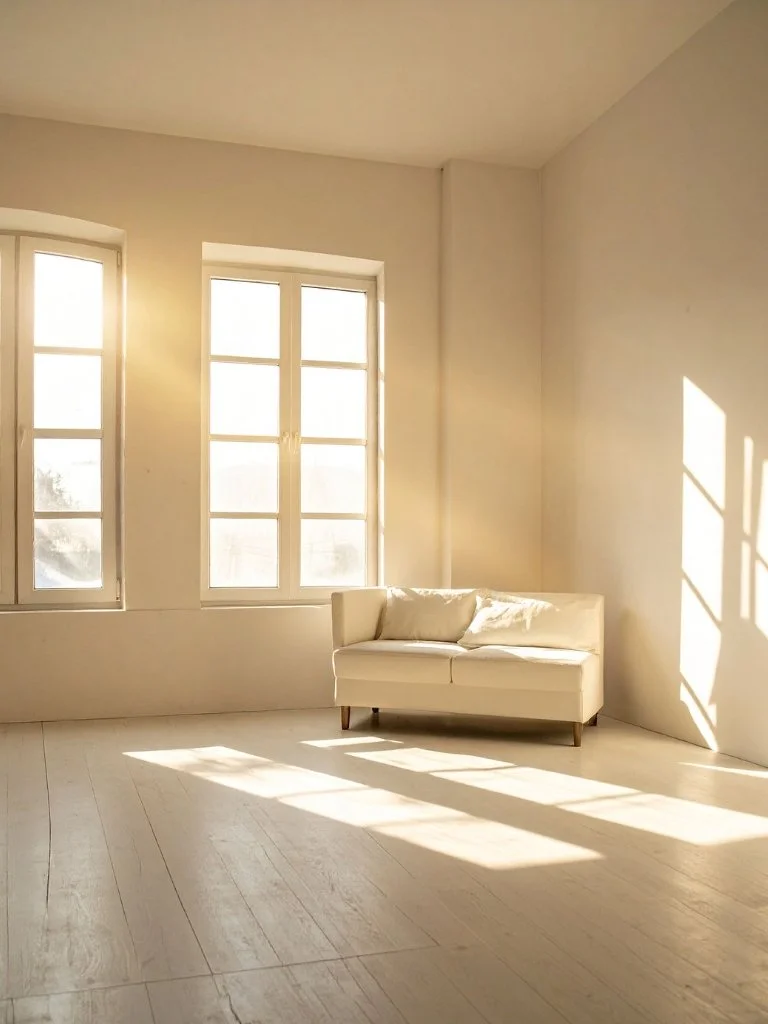 Bright room with two large windows allowing sunlight to cast shadows, and a white sofa against the wall.