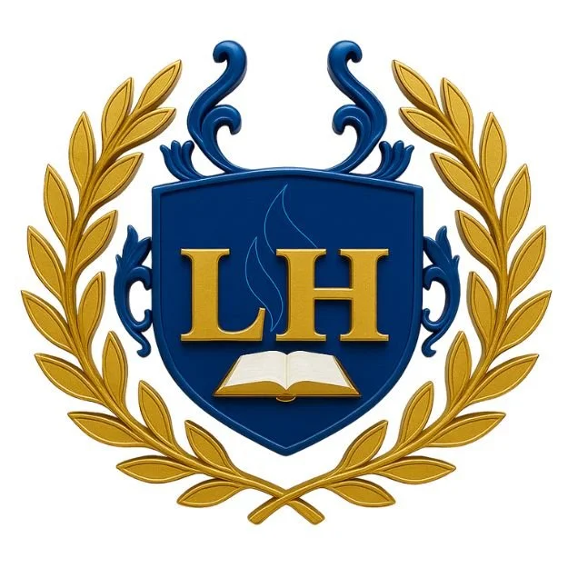 A blue shield emblem with gold letters 'L' and 'H,' a gold open book at the bottom, surrounded by a gold laurel wreath, and decorative blue flourishes above.