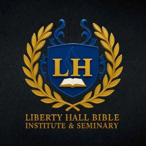 Logo for Liberty Hall Bible Institute & Seminary featuring a blue shield with the letters 'LH', an open book, and a gold laurel wreath around the shield.