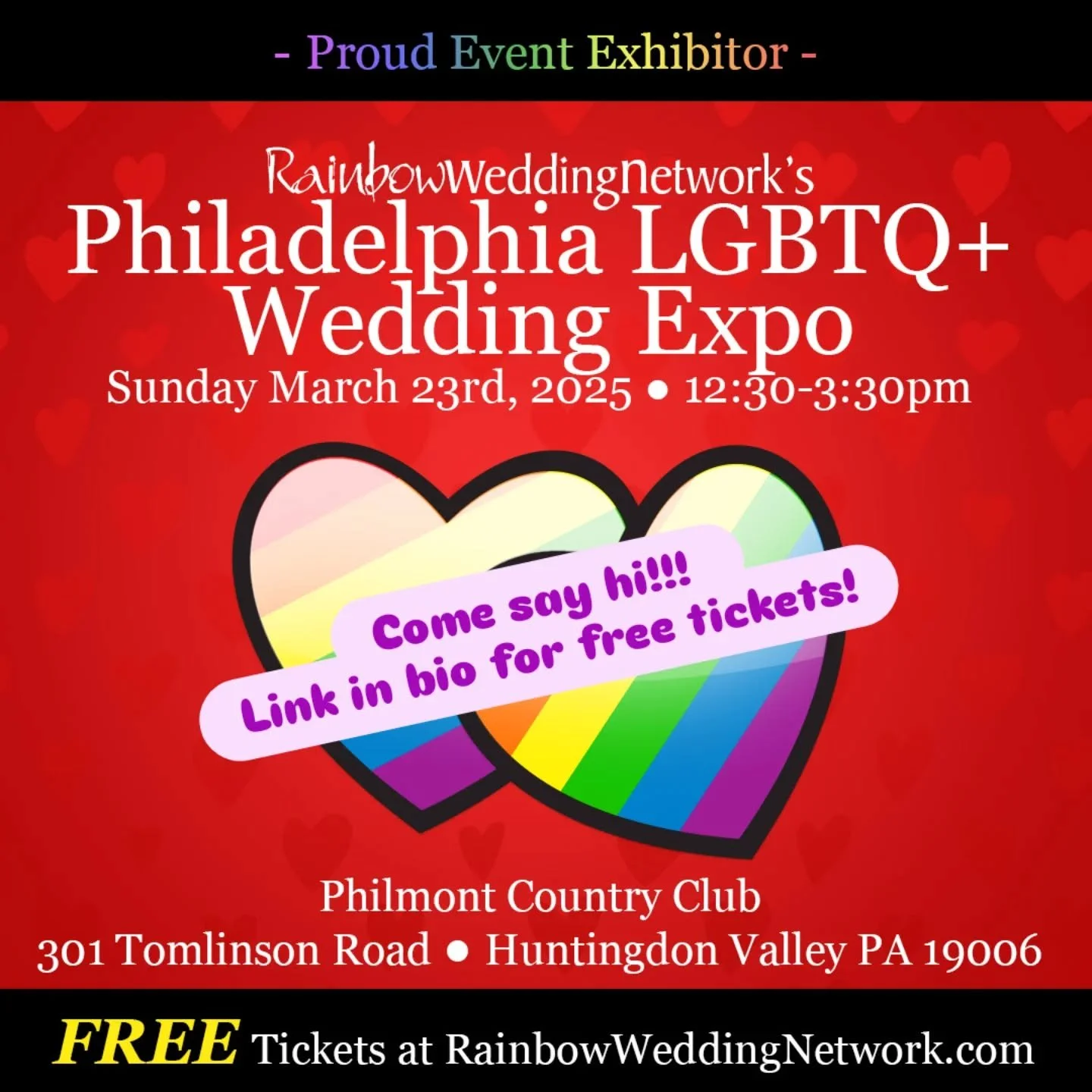 Please stop by and say hi!!! 🏳️&zwj;🌈💍🖋️
I'm going to have a booth at the Rainbow Wedding Network Philadelphia LGBTQ+ Wedding Expo again this year! 

Sunday March 23rd, 12:30-3:30pm
Philmont Country Club
301 Tomlinson Road
Huntingdon Valley PA 19