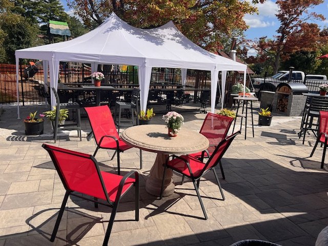 event tent on the patio at Wattle & Daub