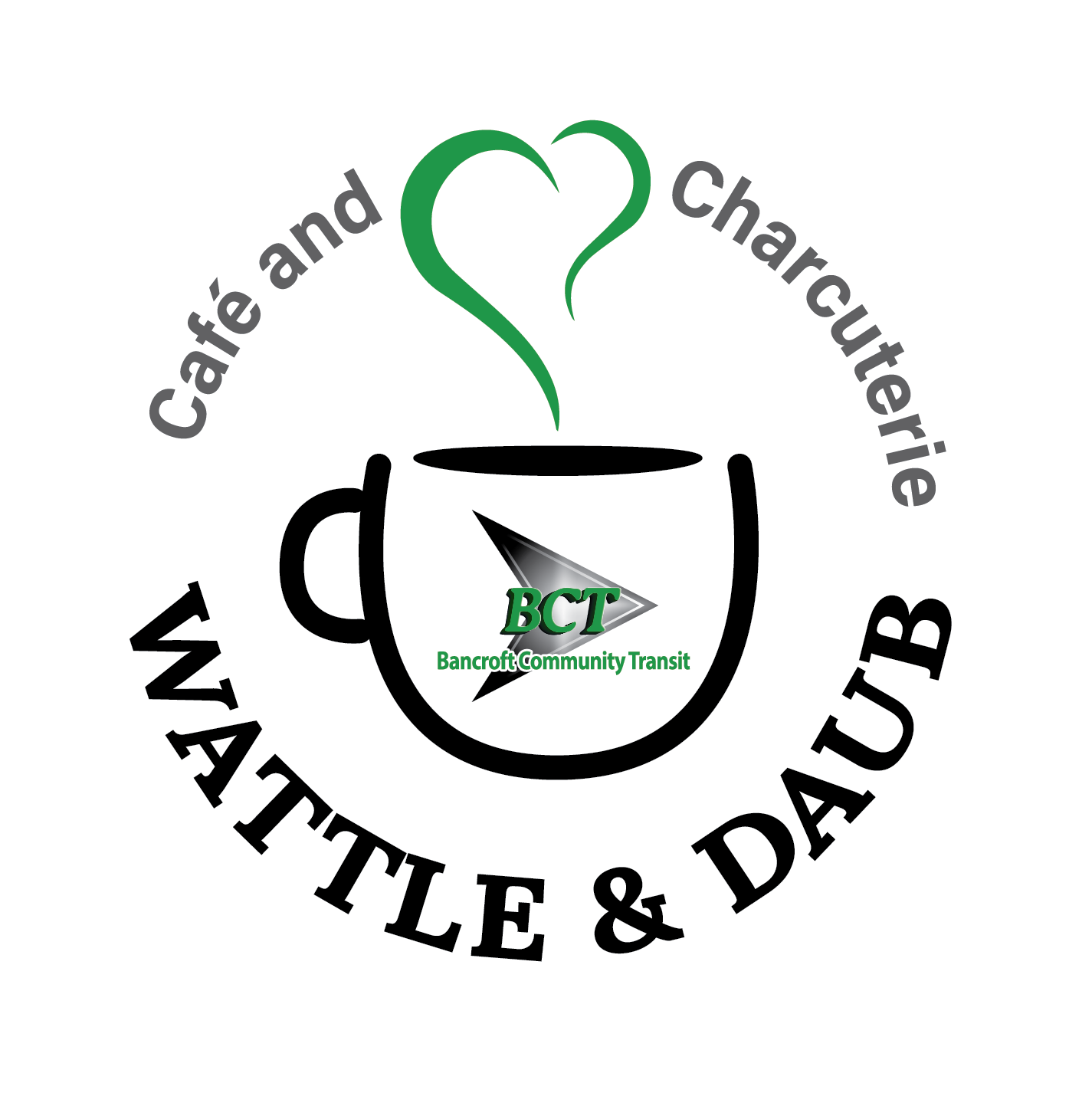 Logo for Wattle Daub featuring a black coffee cup with green steam forming a heart, and text around it reading 'Café and Charcuterie'