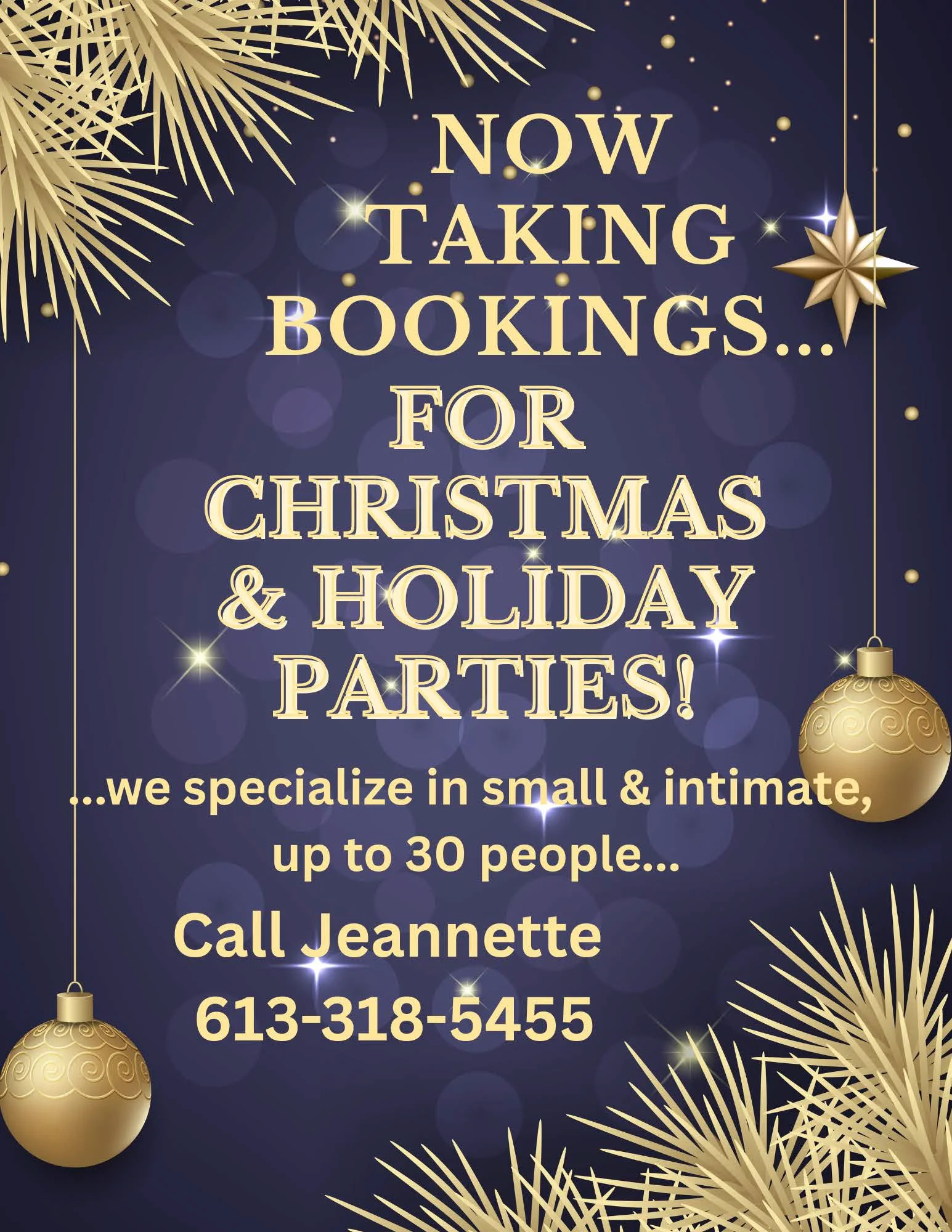 poster advertising bookings for holiday parties designed with a sparkly dark blue background and gold ornaments