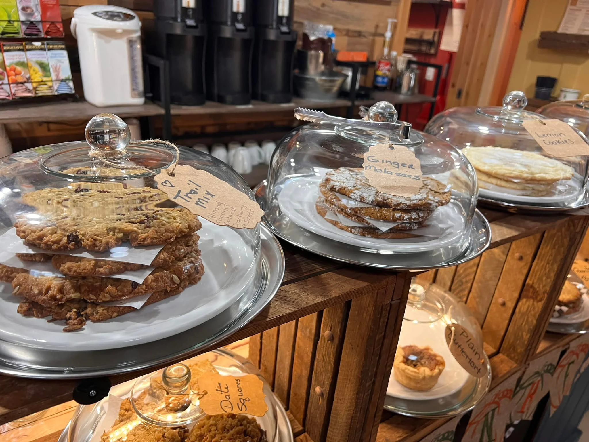 Glass cloches covering cookies, including ginger molasses cookies and lemon cookies, labeled with handwritten tags.