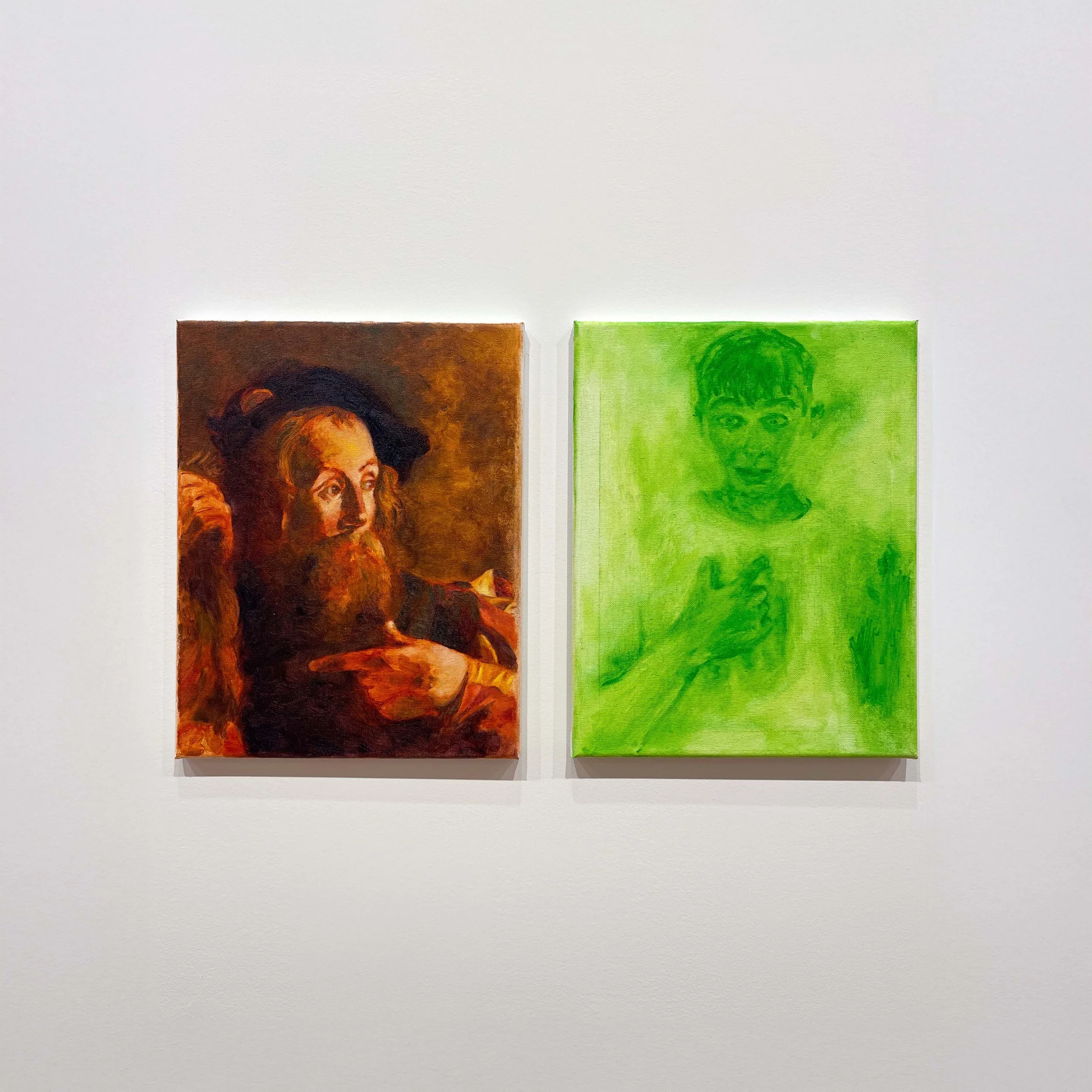 Ethan Hoskins,
you (the calling of st matthew), 2026,
Oil on canvas diptych, 14” x 11” ea.,
$2100