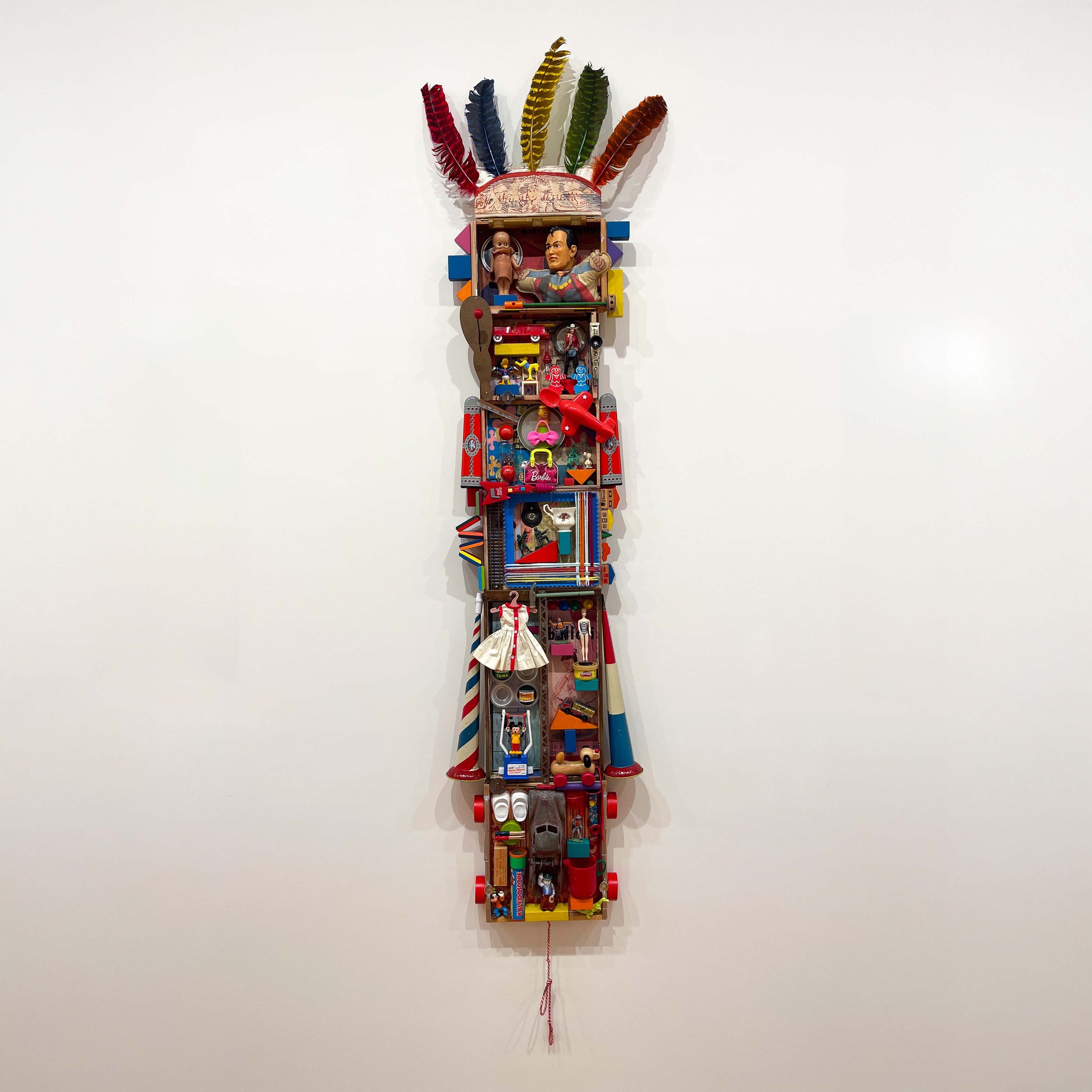 Linda Popp,
Was it All Fun and Games?, 2026,
Found objects, wall relief,
70” x 14” x 6”,
$1350 