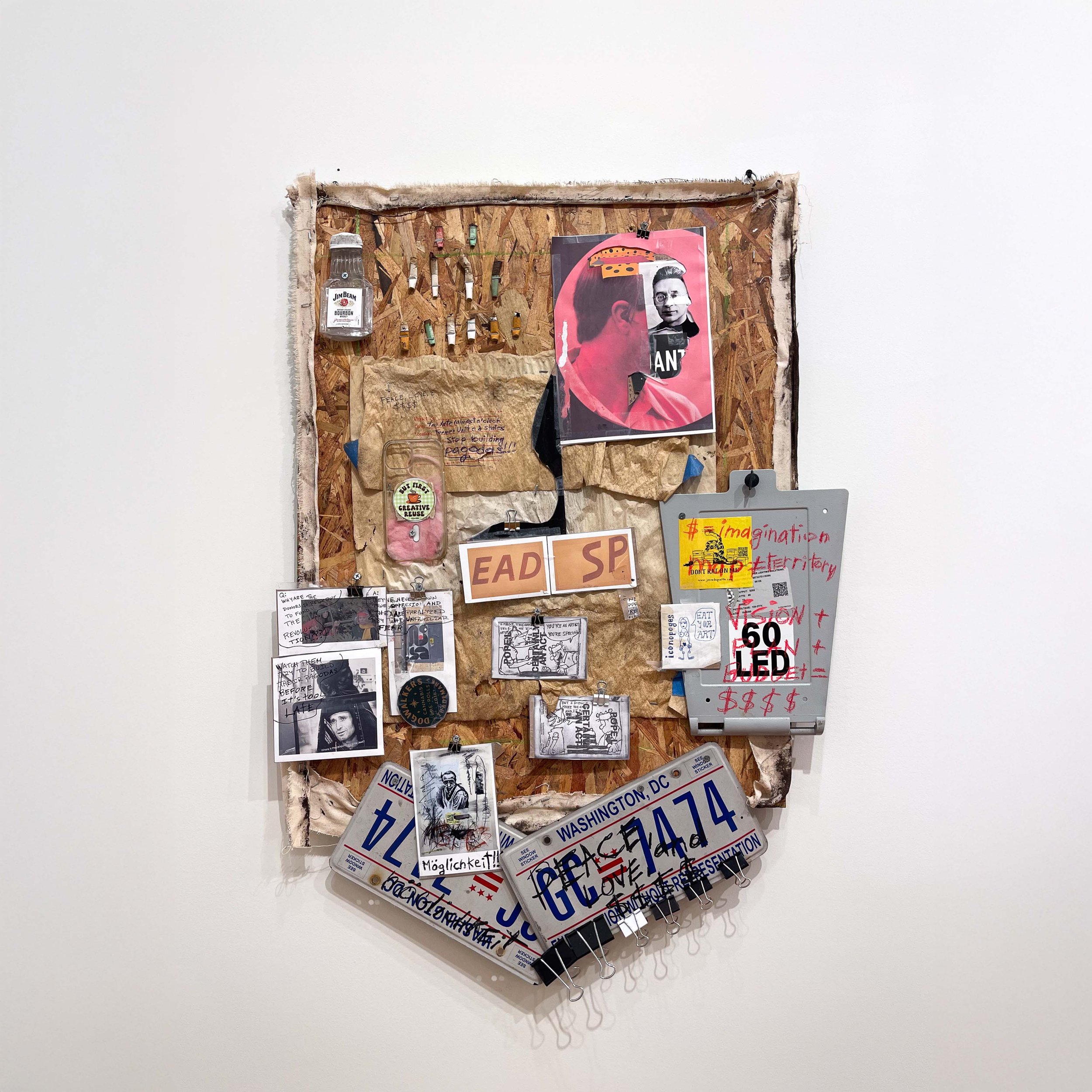 J Jaffery,
Diary Film No. 17 (Why are the donors
so relectant to fund the revolution), 2026,
Collage and assemblage, 39” x 26”,
$1400