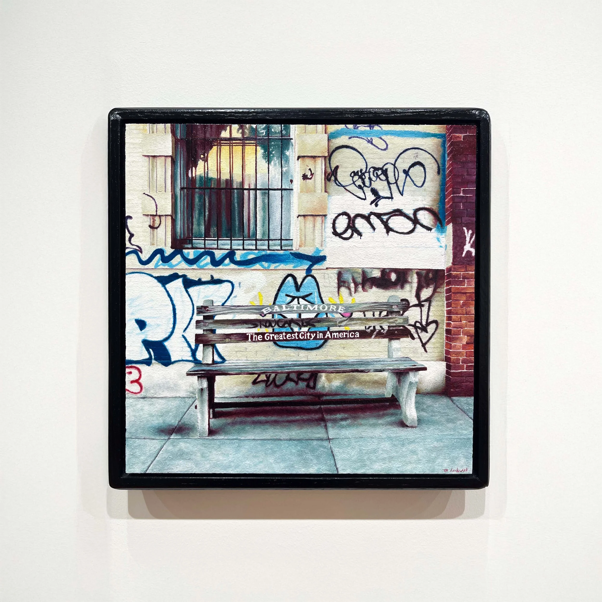 Tim Jankowiak,
Bench at North and Maryland, 2025,
Oil on panel, 12” x 12”,
SOLD