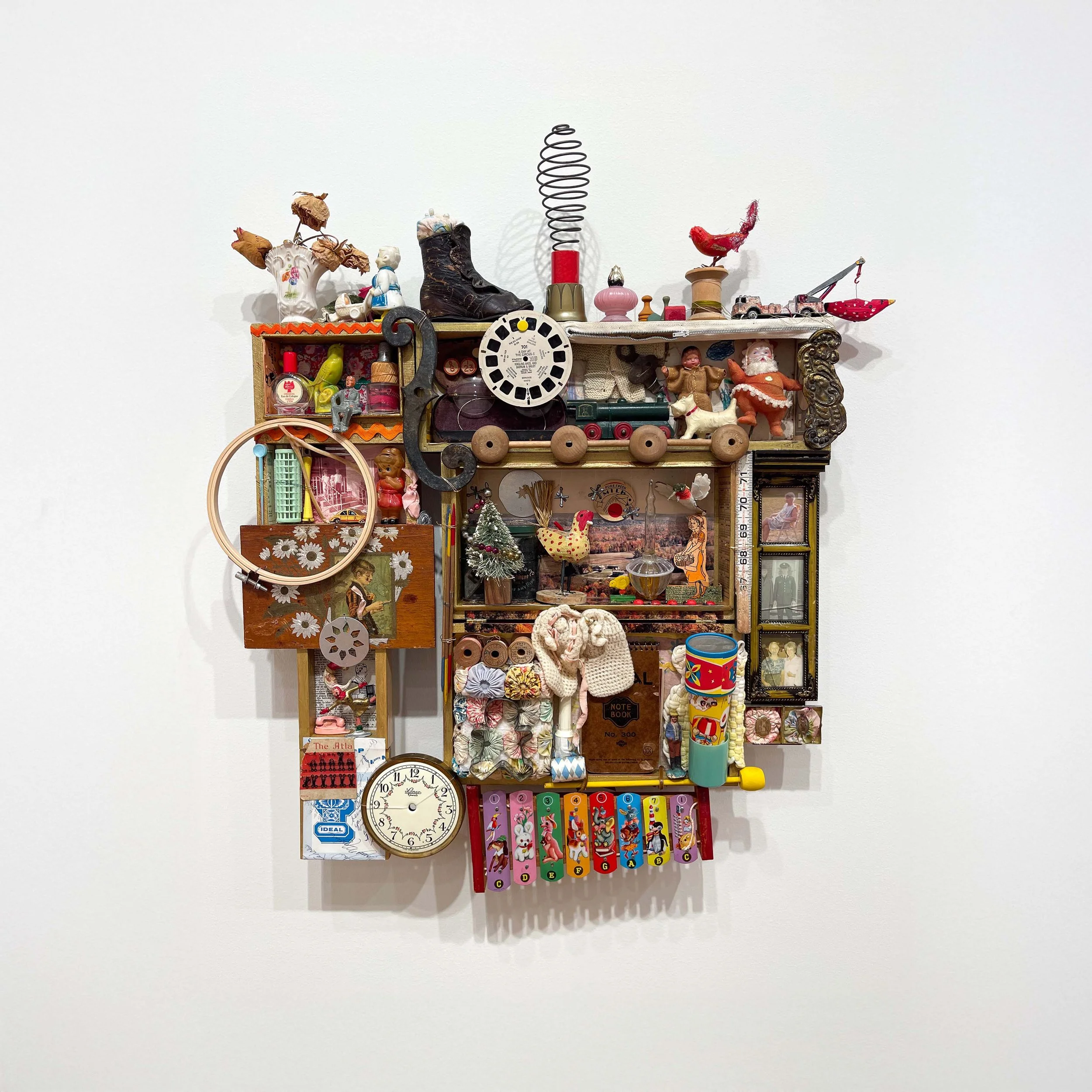 Linda Popp, Colors Seem to Fade, 2025, Found objects, wall relief, 27” x 24” x 3”, $750