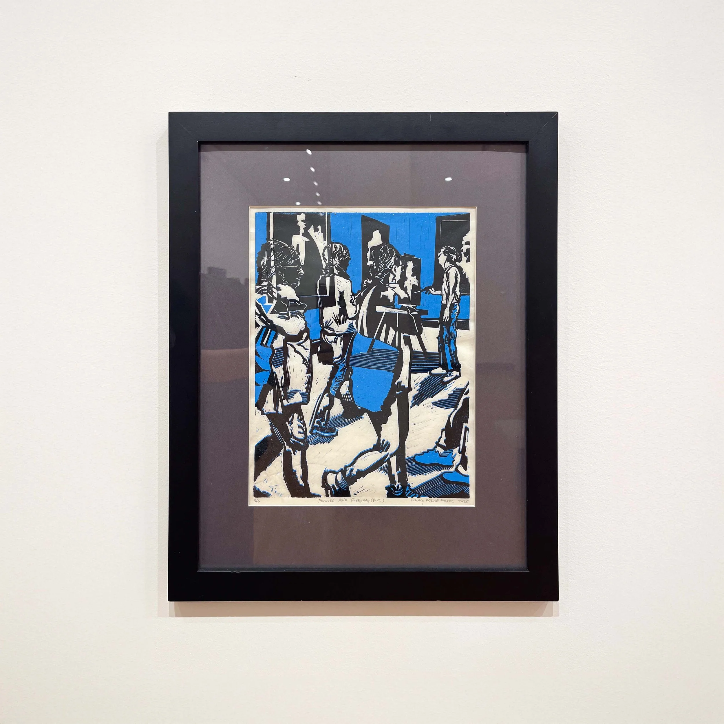 Nancy Fishel,
Focused and Fleeting (Blue), 2025,
Reduction block print, 16.5” x 12”,
$350, 3 of 6, Frame included