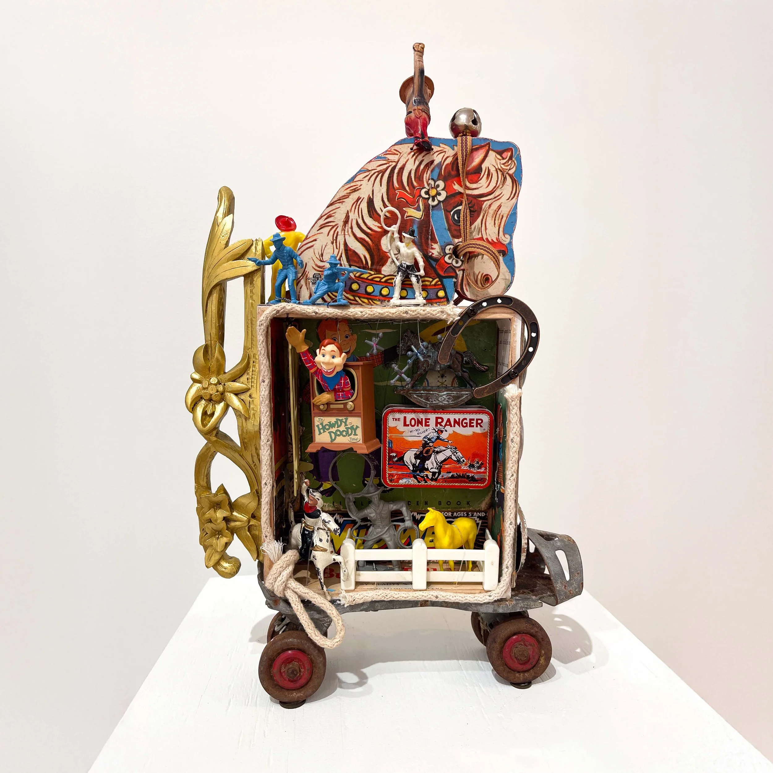 Linda Popp,
Dreams of Being a Cowboy, 2026,
Found objects, free standing,
18” x 11.5” x 5”,
$600