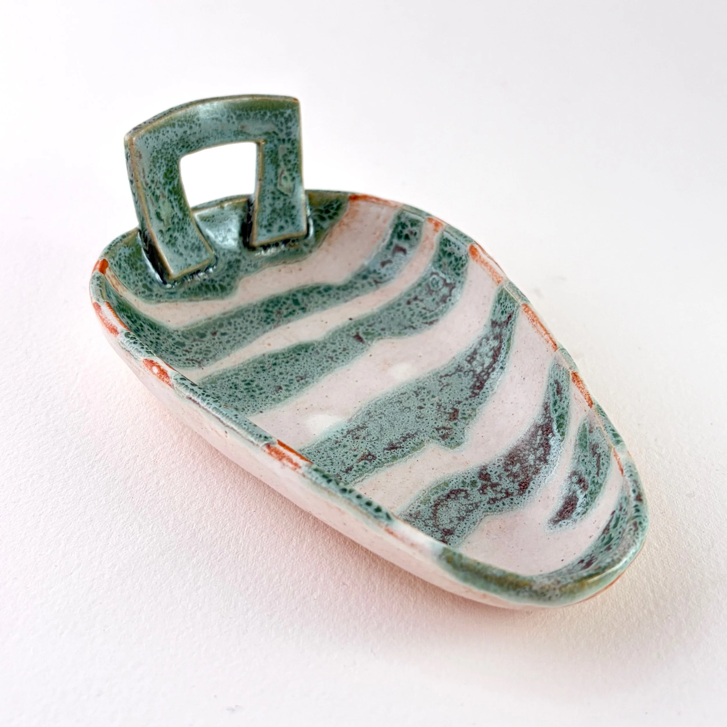 Small Green and White Striped Handled Tray