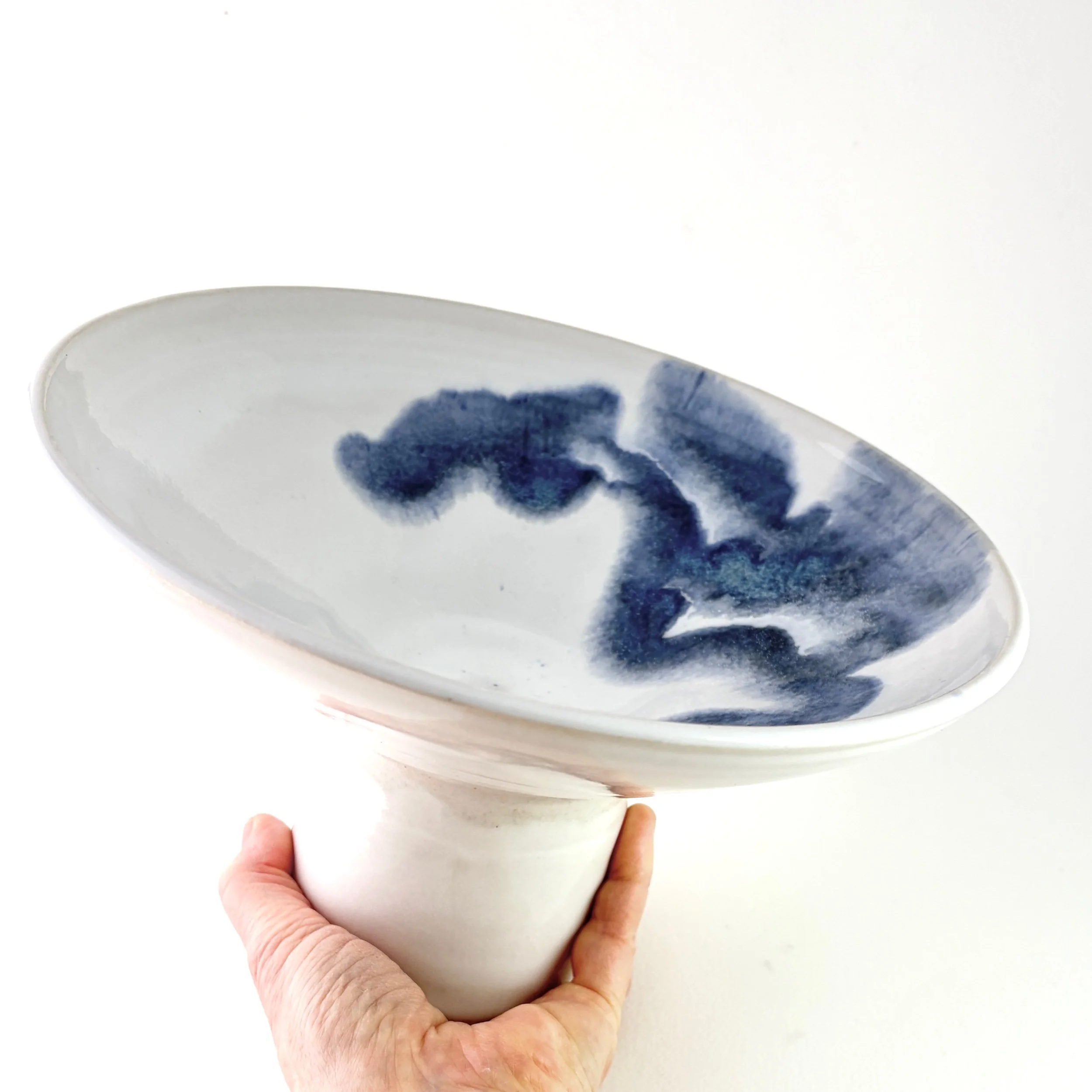 Ceramic Footed Bowl - White with Blue Accents