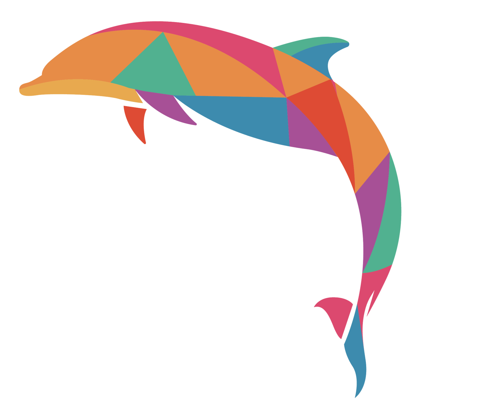 Colorful illustration of a dolphin with a mosaic pattern on its body, leaping over a pink rectangular background.