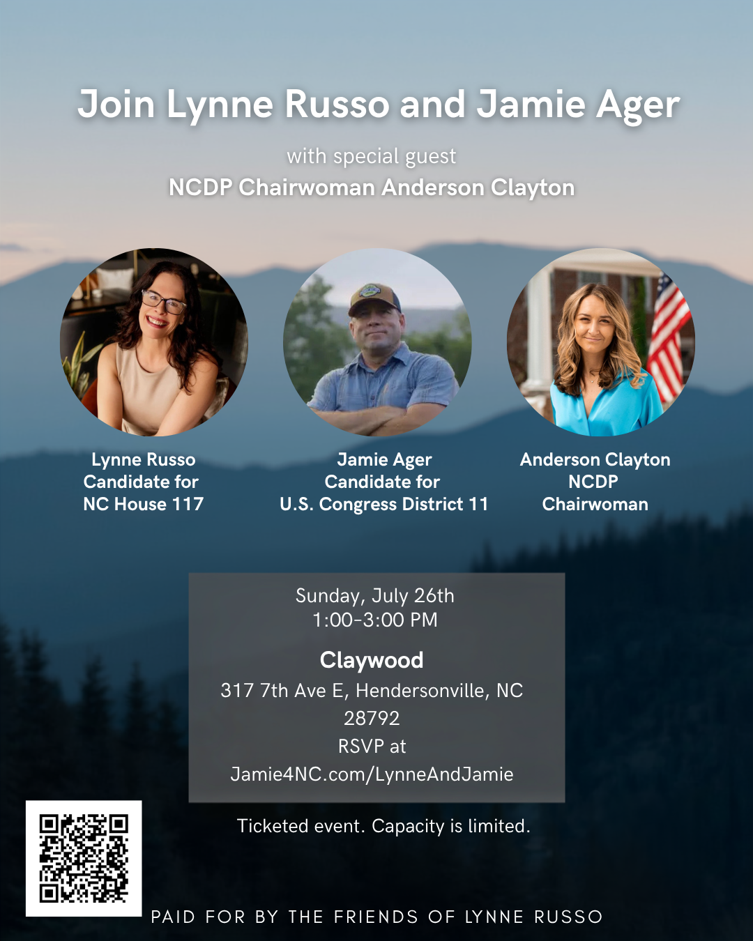 Event flyer featuring Lynne Russo and Jamie Ager with a special guest, Anderson Clayton. The event is scheduled for Sunday, July 26th, from 1:00 to 3:00 PM in Claywood, Hendersonville, North Carolina. It includes photos of the three speakers, event details, RSVP information, a QR code, and a note that the event is ticketed and capacity is limited.