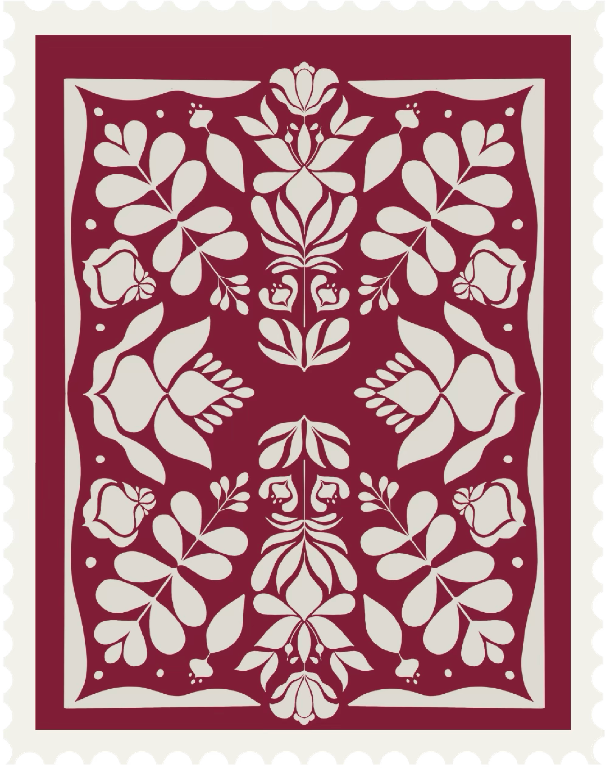A decorative paper cutout with symmetrical floral and leaf patterns in white on a maroon background, framed with a white border.