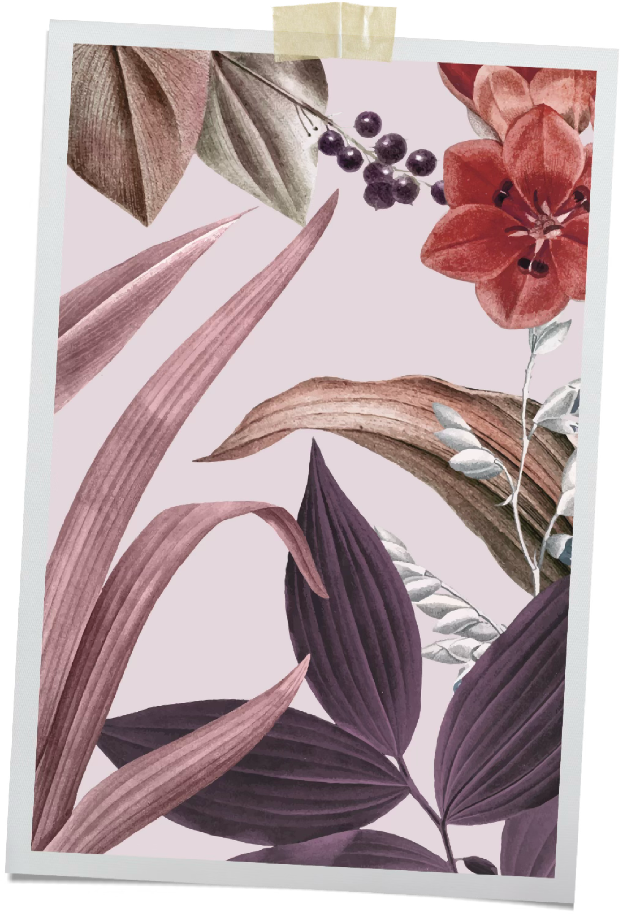 A botanical illustration featuring various leaves and flowers in shades of pink, purple, brown, and green, set against a light pink background.