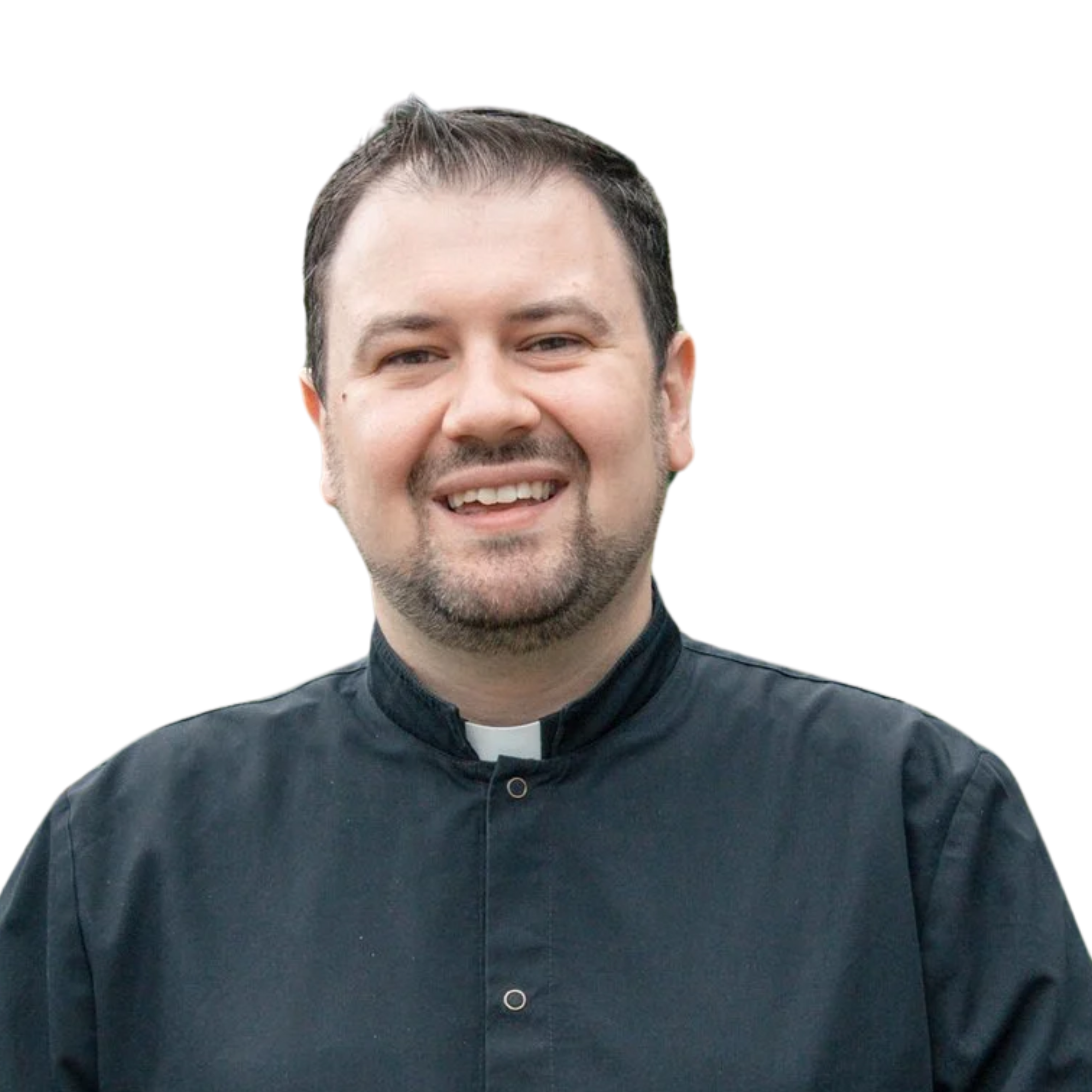 Close-up portrait of a smiling man with short dark hair, wearing a black jacket and a white clerical collar, against a white background.