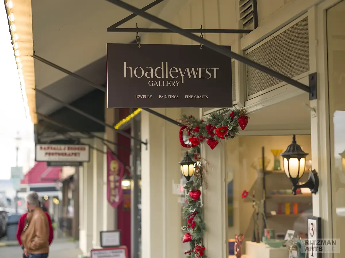 Hoadley West Gallery shop sign with Valentine’s Day decorations.
