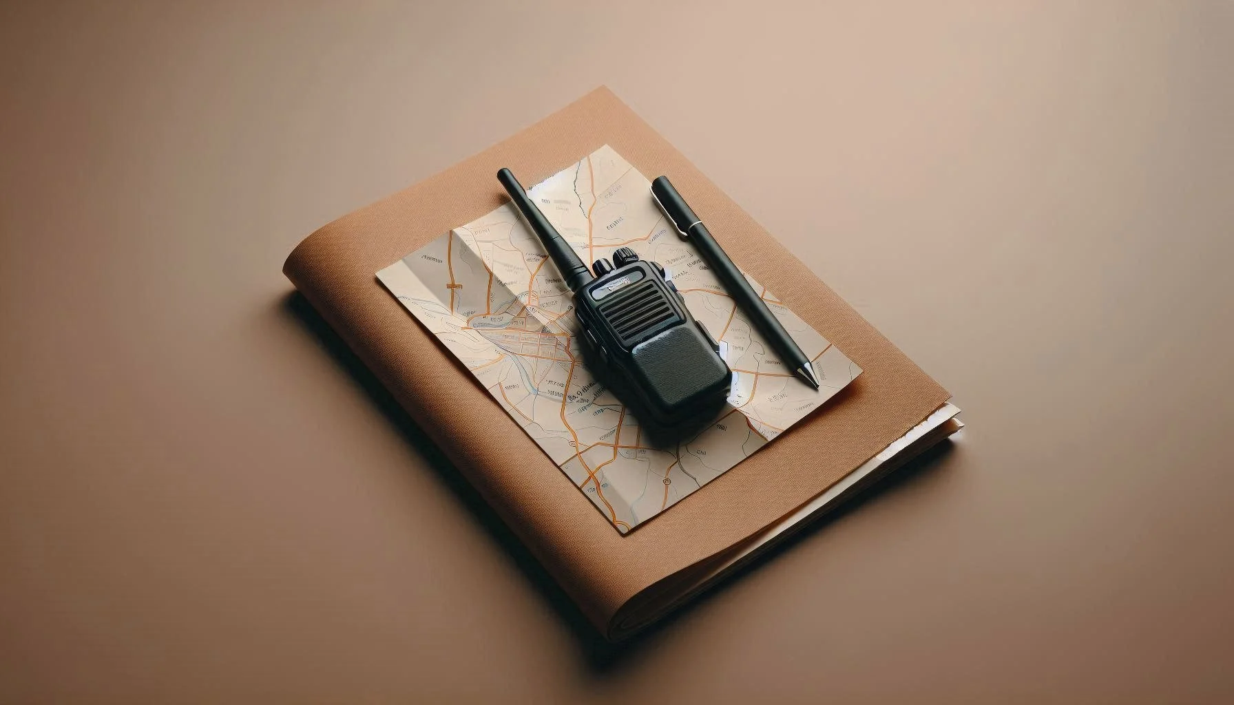A folded paper map with a marked route and a compact walkie‑talkie resting on top